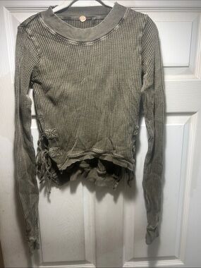 Free People Olive Waffle Knit Distressed Long Sleeve Top